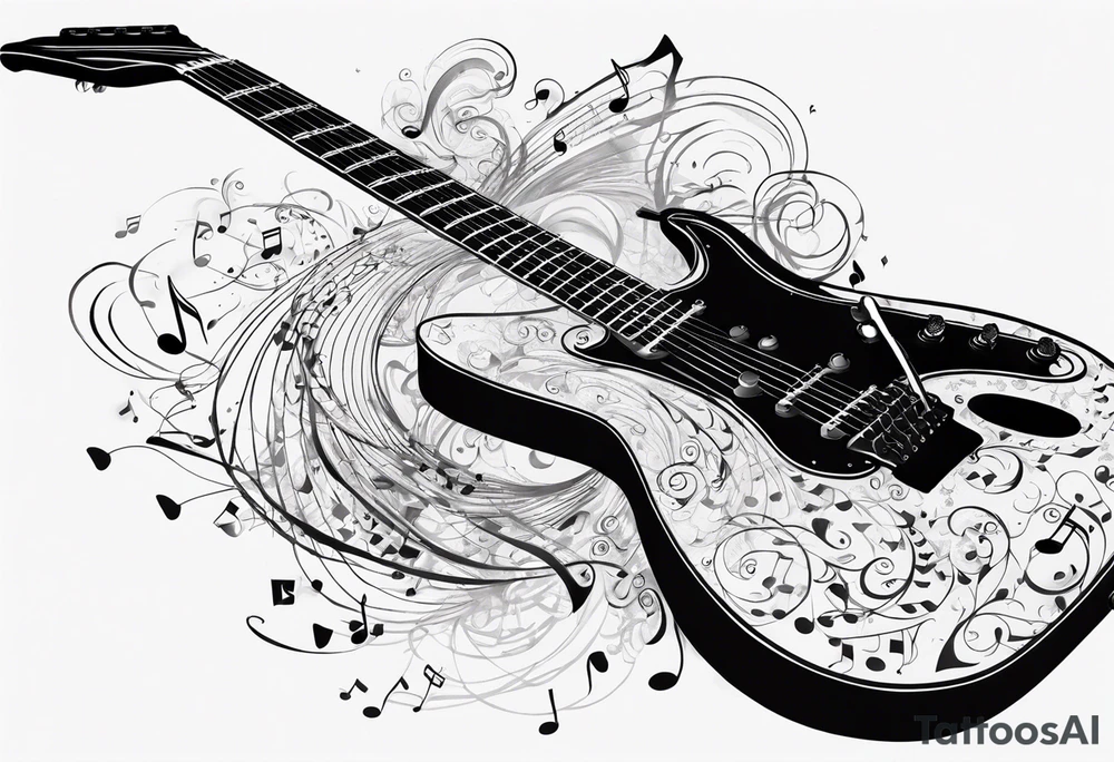 guitar with musical notes wrapped around it tattoo idea
