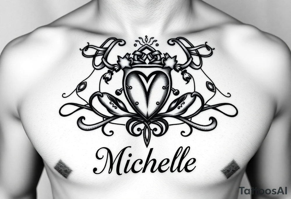 Create a tattoo on a man’s chest if a woman’s name. Claddagh and the name Michelle. Irish themed with Celtic knot on top and bottom. tattoo idea