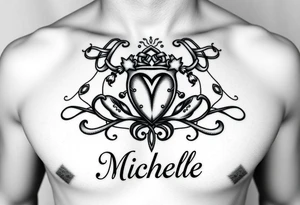 Create a tattoo on a man’s chest if a woman’s name. Claddagh and the name Michelle. Irish themed with Celtic knot on top and bottom. tattoo idea