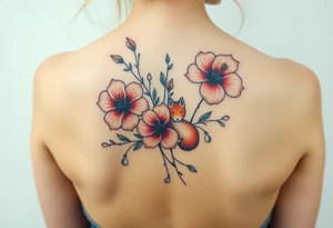 wild hibiscus and meadow flowers with morning dew drops and foxes tattoo idea