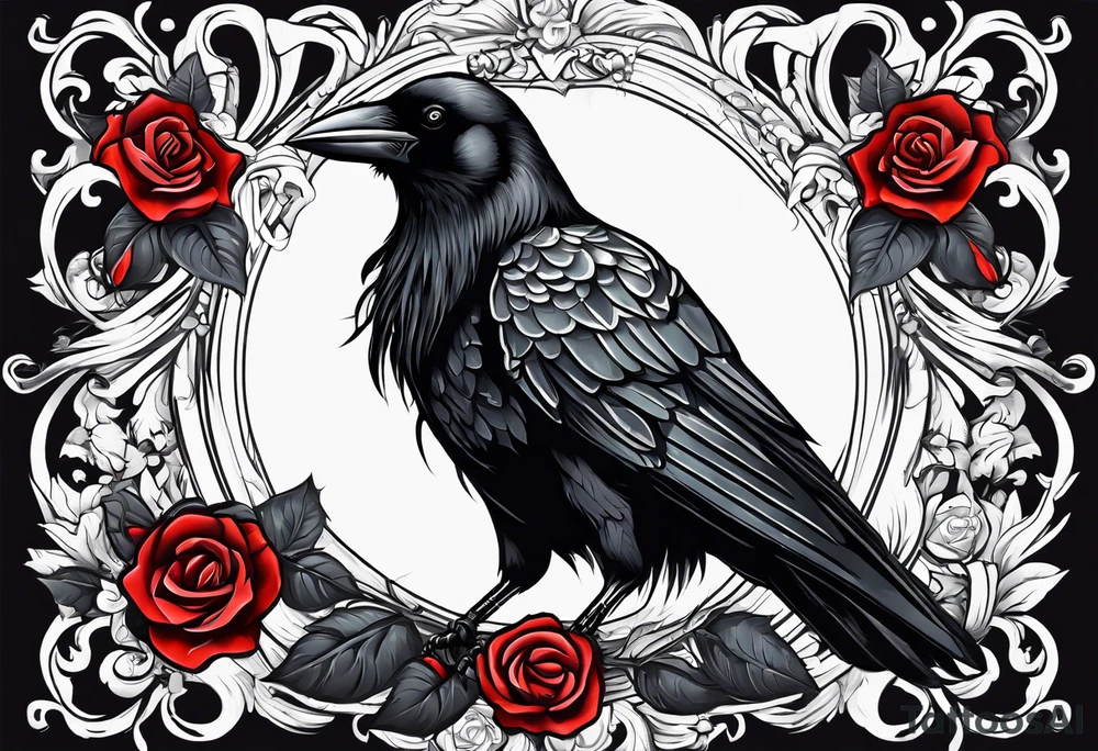Crow standing holding a red rose tattoo idea