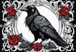 Crow standing holding a red rose tattoo idea