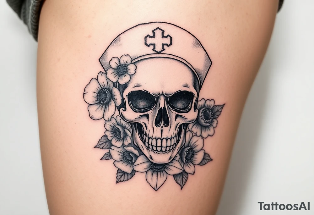 Nurse skull face with flower’s and honey combs background tattoo idea