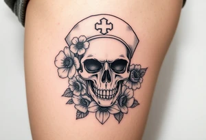 Nurse skull face with flower’s and honey combs background tattoo idea