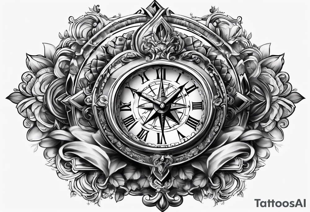 Cross  with clock and compass tattoo idea