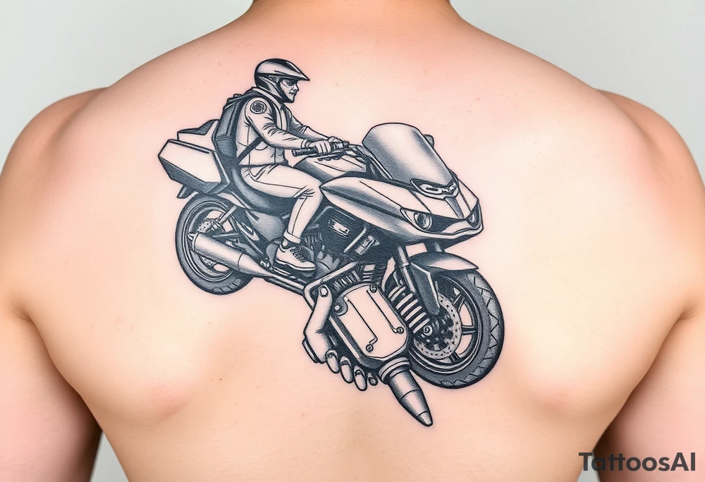 a two person on a Harley Road Glide 2018 on a forearm and a harley's engine on the top of the hand tattoo idea