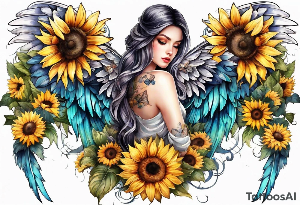 Sleeve with angel wings, sunflower and butterfly tattoo idea