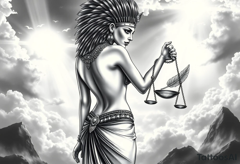 A sensual, curvaceous Egyptian goddess stands with her back slightly turned, accentuating her figure. She wears an elaborate ostrich feather headdress and ornate, intricate ancient Egyptian jewelry draped across her body. Her expression is mysterious and confident. In one hand, she holds the Scales of Justice: one side holds a radiant, glowing heart; the other, Ma’at’s feather. The scales themselves shimmer with an otherworldly light.
The background is a surreal, heavenly landscape filled with luminous clouds and beams of divine light piercing through, creating dramatic contrasts of deep shadows and highlights. The entire scene is bathed in an ethereal, mystical glow, with a dreamlike, almost supernatural atmosphere. tattoo idea