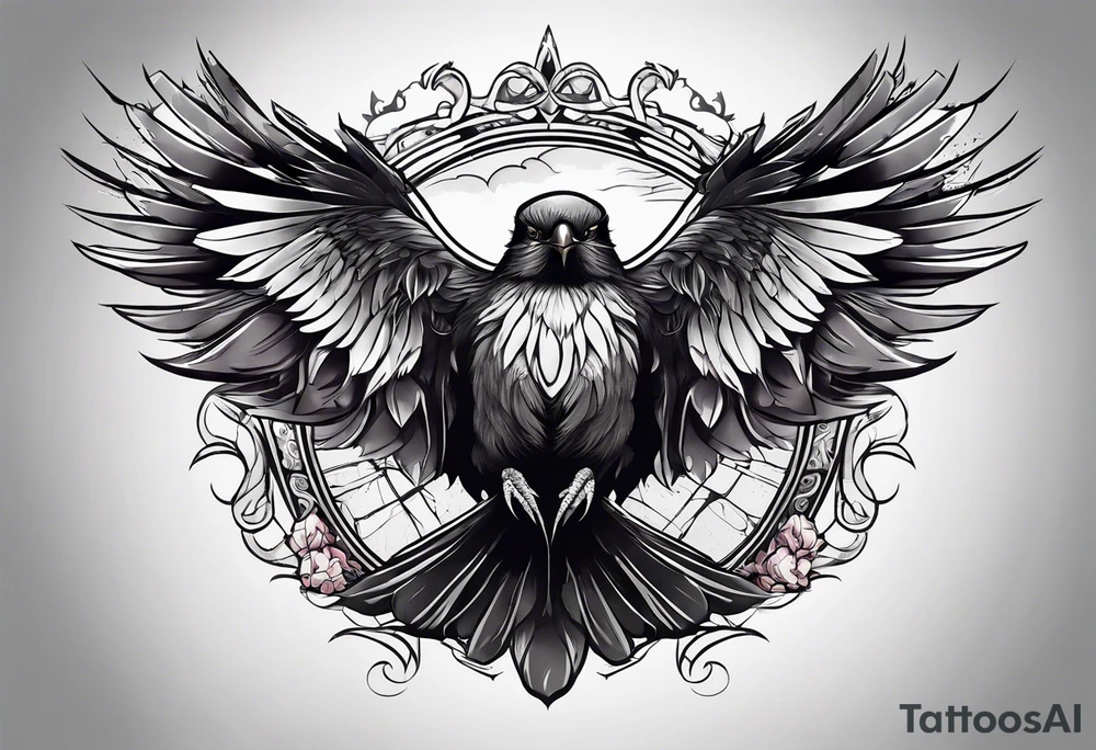 Scary black and white bird chest tattoo idea