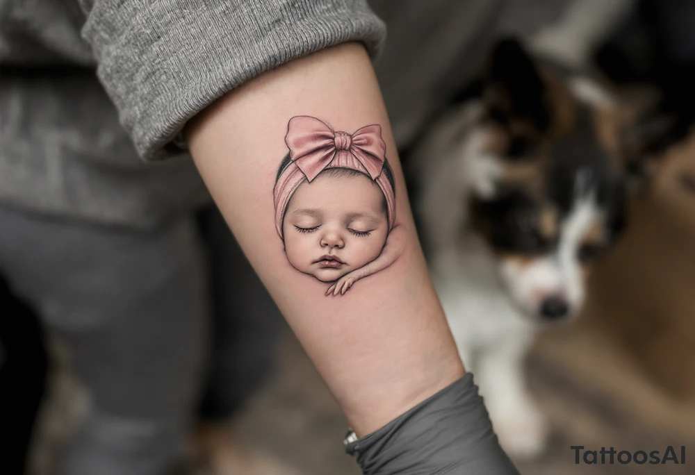 A portrait-style tattoo of a sleeping baby girl’s face, realistic shading in grayscale with a pink bow headband as the only color. tattoo idea