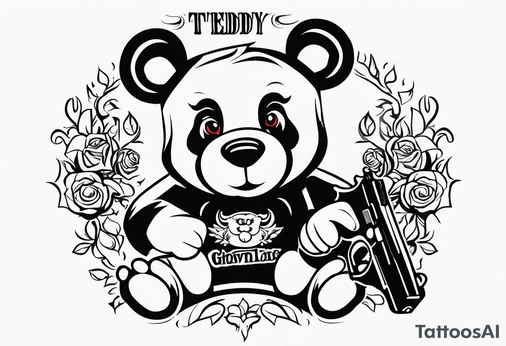 Teddy Baer wit red eyes and Glock 19 in the right hand and putting up 4s wit left hand tattoo idea