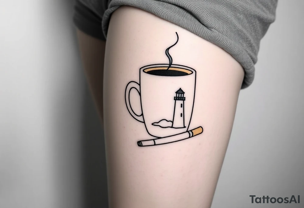 A mug of coffee
 with a picture of a 
 lighthouse on the the mug and a cigarette laying next to it tattoo idea