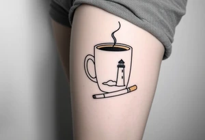 A mug of coffee
 with a picture of a 
 lighthouse on the the mug and a cigarette laying next to it tattoo idea