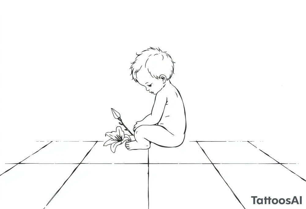 A simple tile floor with a minimalist curled child sitting on the floor with a lily next to her tattoo idea