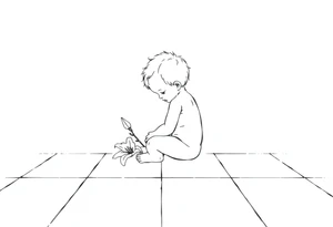 A simple tile floor with a minimalist curled child sitting on the floor with a lily next to her tattoo idea