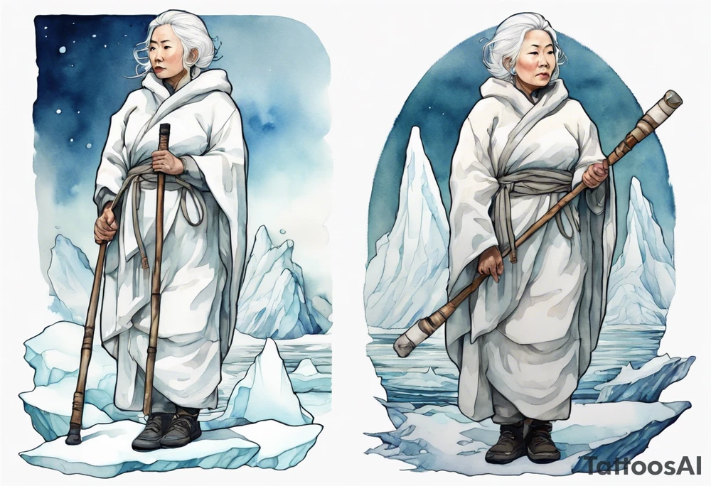 a 40 year old Inuit woman with white hair and a white robe holding a white hiking stick, standing on an iceberg tattoo idea