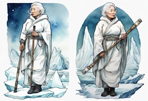 a 40 year old Inuit woman with white hair and a white robe holding a white hiking stick, standing on an iceberg tattoo idea