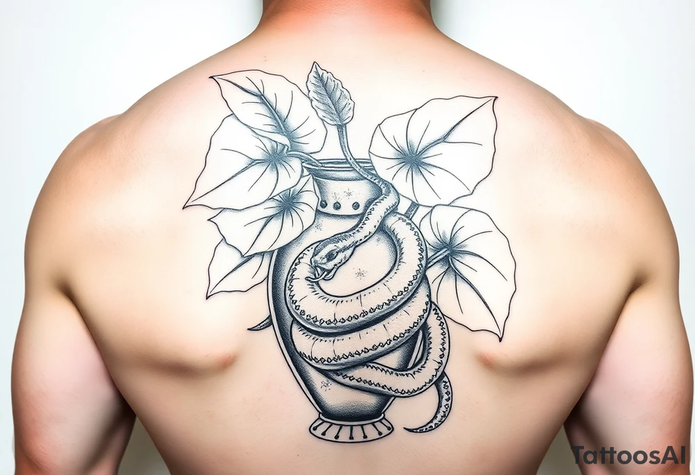 Large Decorative ornamental
 vase with large philodendron leaves with a snake wrapped around showing the head of the snake tattoo idea