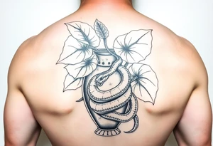 Large Decorative ornamental
 vase with large philodendron leaves with a snake wrapped around showing the head of the snake tattoo idea