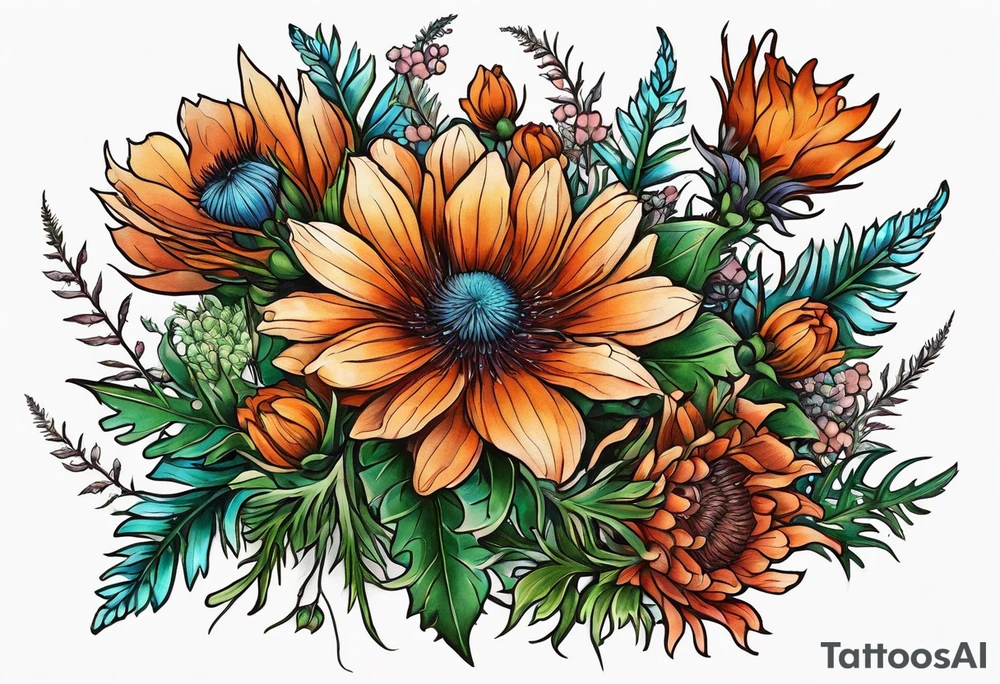 cascading wildflowers with thistles, ferns, burnt orange flowers all in color tattoo idea