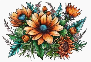 cascading wildflowers with thistles, ferns, burnt orange flowers all in color tattoo idea