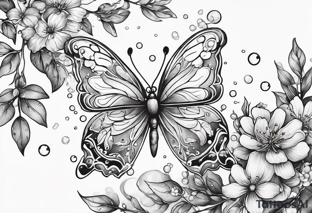 Winding branches and leaves and tiny flowers with a small moth and bubbles tattoo idea