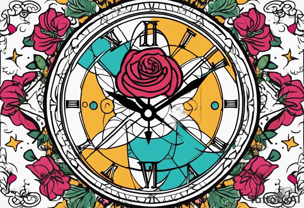 I want a design to print on t-shirts. The design is an hourglass with a wristwatch in the middle with Amazigh numbers, and this watch is surrounded by planets and Ashulk roses. tattoo idea