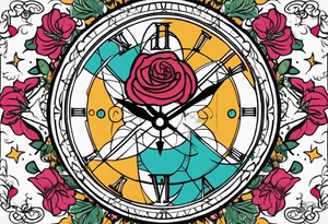 I want a design to print on t-shirts. The design is an hourglass with a wristwatch in the middle with Amazigh numbers, and this watch is surrounded by planets and Ashulk roses. tattoo idea