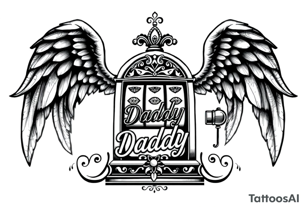 Slot machine with angel wings and word Daddy tattoo idea