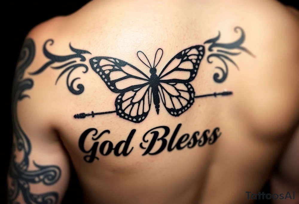 The words No Rush with a monarch butterfly in the same tatto with the words God Bless with a fishing pole. Tattoo is masculine for the upper arm. More artistic tattoo idea