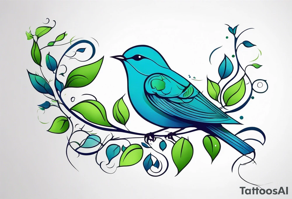 Small blue and green bird and vines going up the forearm tattoo idea