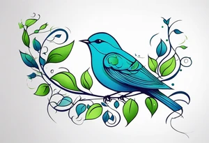 Small blue and green bird and vines going up the forearm tattoo idea