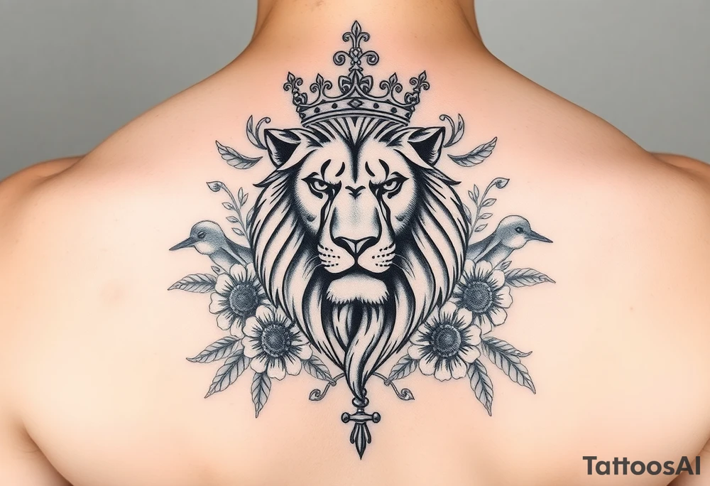 powerful majestic lion with a crown, surrounded by floral ornaments and birds tattoo idea
