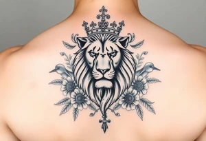 powerful majestic lion with a crown, surrounded by floral ornaments and birds tattoo idea