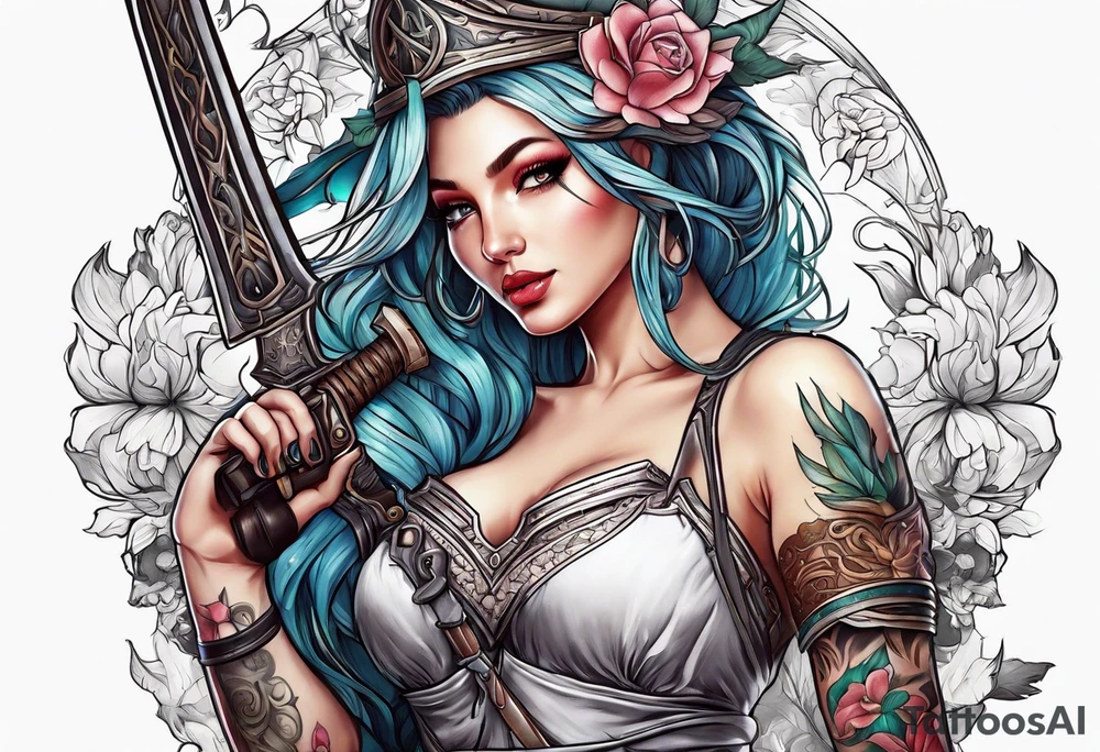 A feminine mythical creature holding a weapon tattoo idea