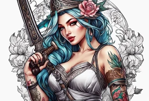 A feminine mythical creature holding a weapon tattoo idea