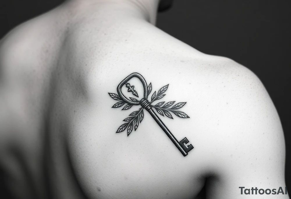 A metal key wrapped in olive leaves on the left arm tattoo idea