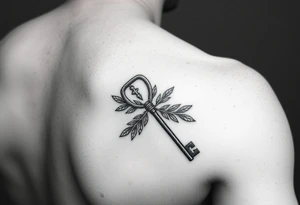 A metal key wrapped in olive leaves on the left arm tattoo idea