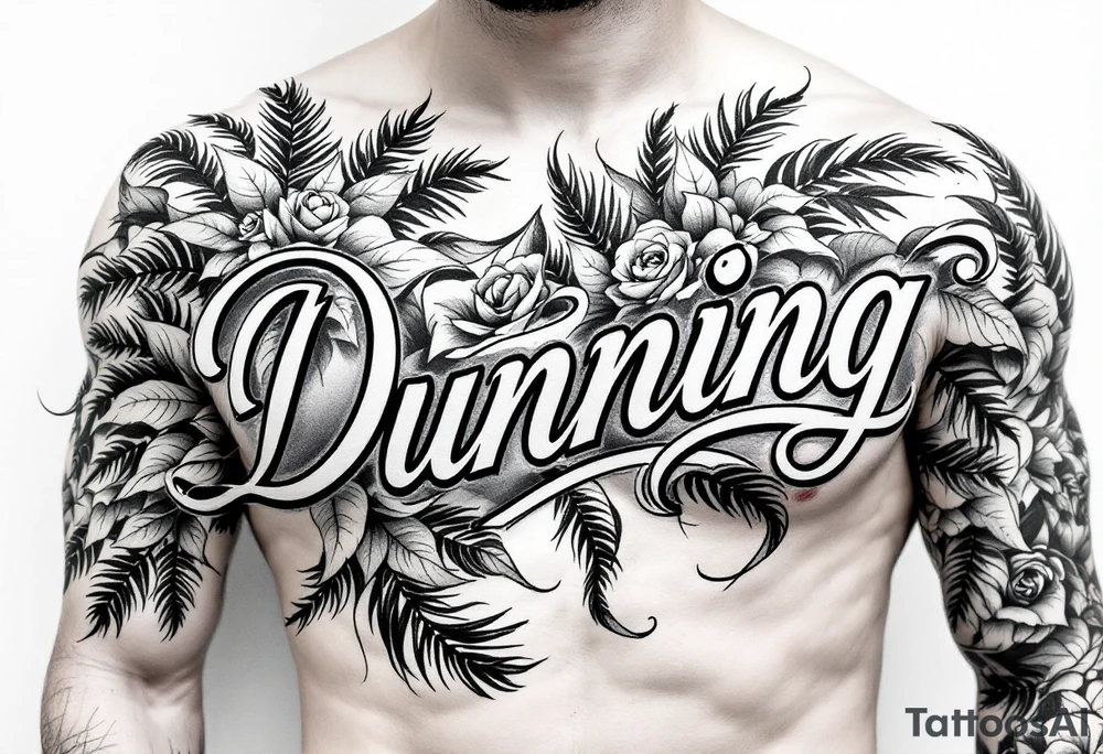 Dunning, cursive slick font,with big jungle leaves, roses,palm trees, tattoo idea