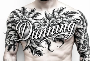 Dunning, cursive slick font,with big jungle leaves, roses,palm trees, tattoo idea