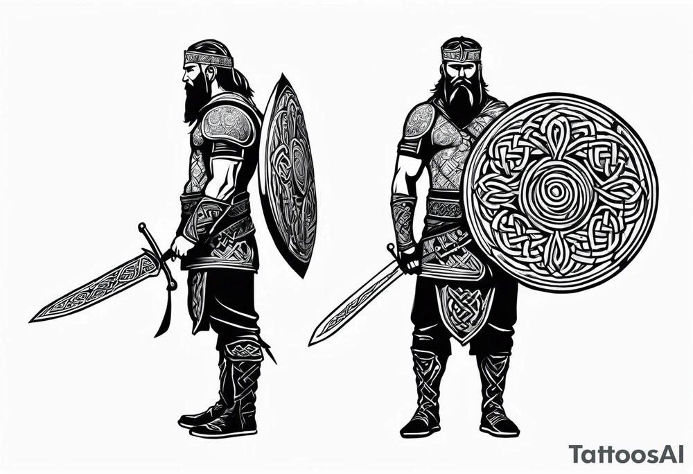 Full body side profile of Celtic warrior with weapons drawn tattoo idea