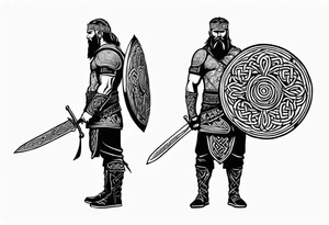 Full body side profile of Celtic warrior with weapons drawn tattoo idea