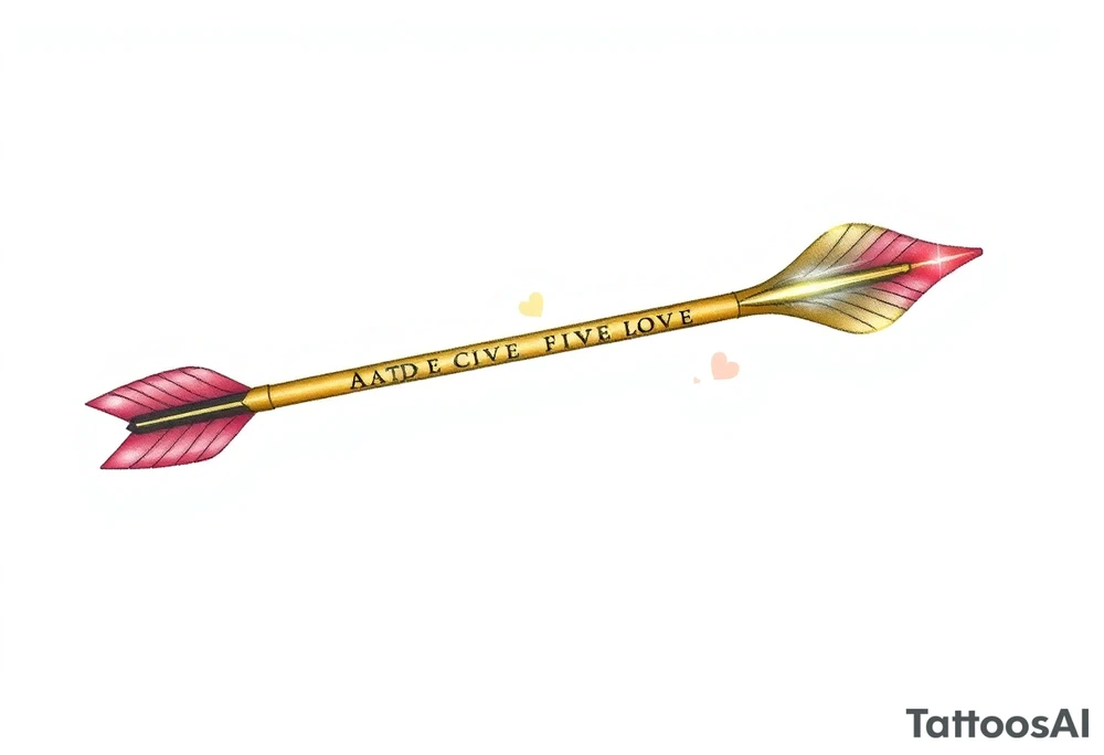 A sleek golden arrow with an intricately carved runic inscription along the shaft, symbolizing a fated love. The arrow’s feathered fletching is detailed with soft pink and red hues, while the arrowhead glows with a subtle silver light, representing destiny. Surrounding the arrow are tiny floating hearts and sparkles, creating a mystical aura of passion and devotion. The design gives the impression of the arrow mid-flight, striking straight into the heart of love. tattoo idea