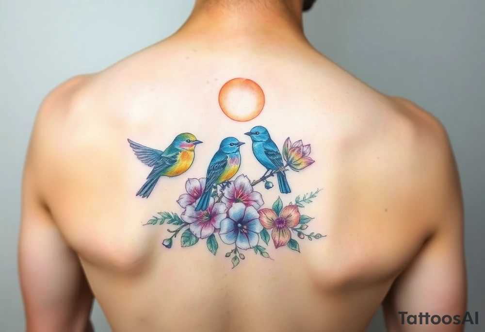 Four birds, flowers, branch, sun tattoo idea