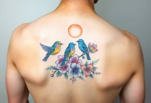 Four birds, flowers, branch, sun tattoo idea