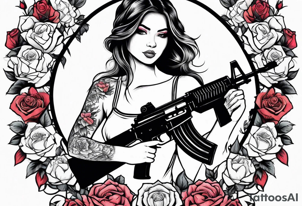 Beautiful angle with tattoos surrounded by roses holding a ak 47 tattoo idea