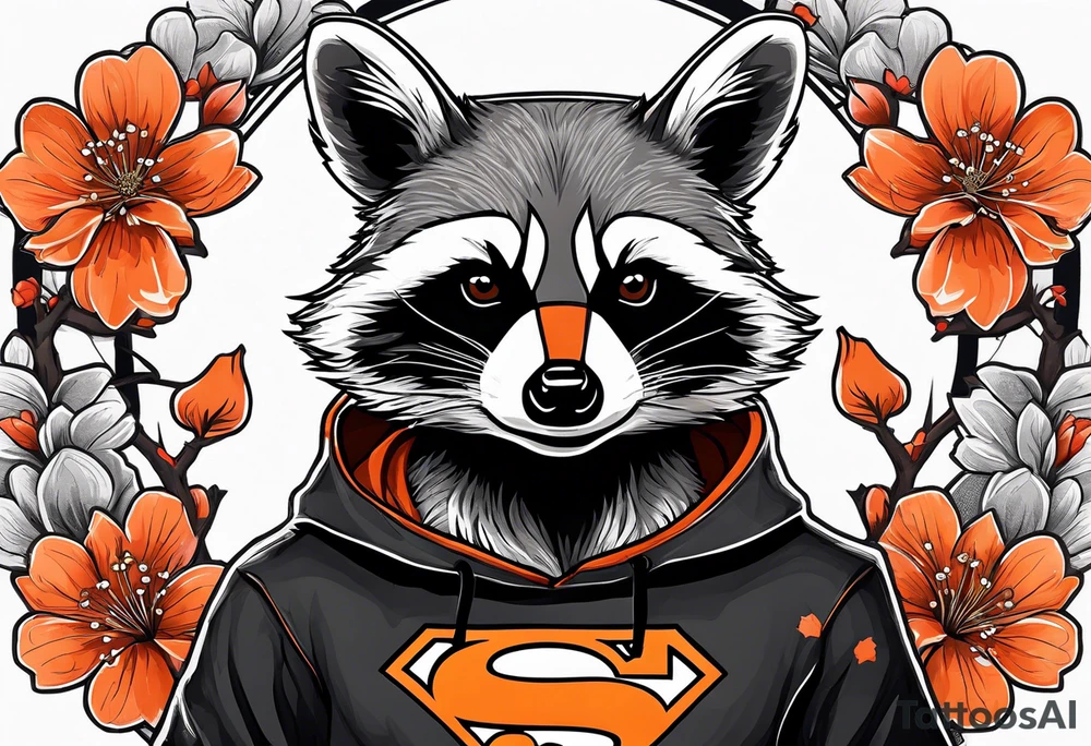 Raccoon wearing a white Superman logo on a black hoodie and orange Japanese cherry blossoms beside tattoo idea