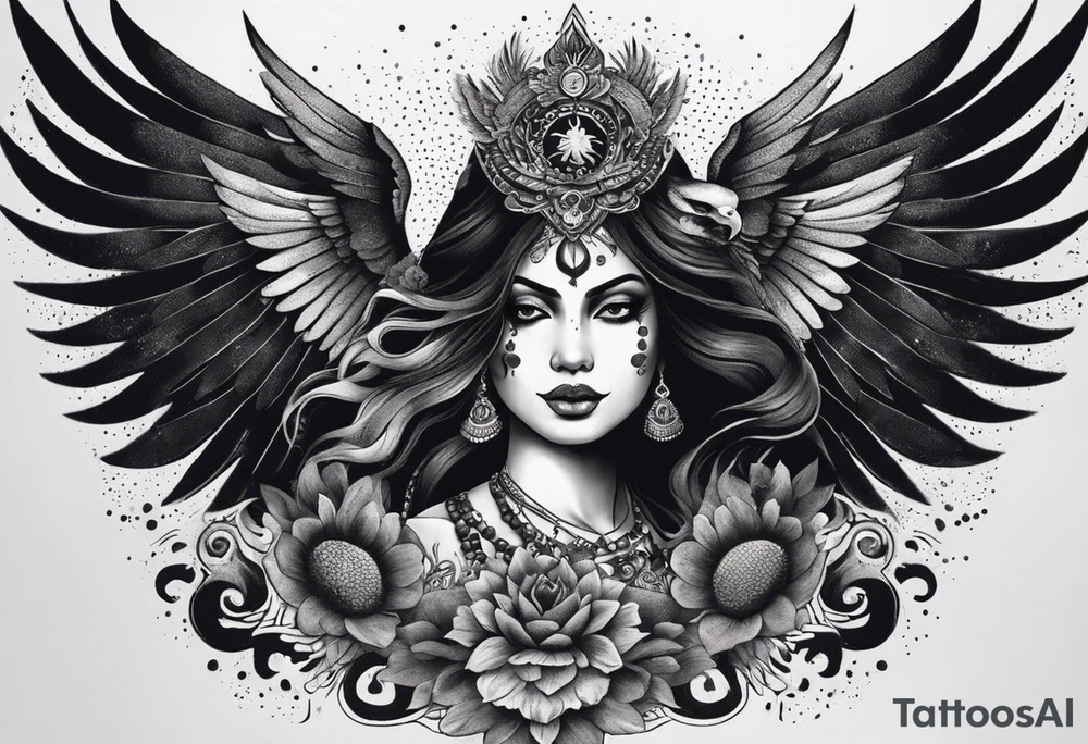 black kali, goddess pirate, alien, angel, pachamama, valkrye, warrior, flying, skull, lotus azul, wing, eagle, zenza resonance, stars, 5D, anahata chakra, death, durga, riding on a tiger, flying lady, kundalini, chest tatoo, samuri, rebel tattoo idea