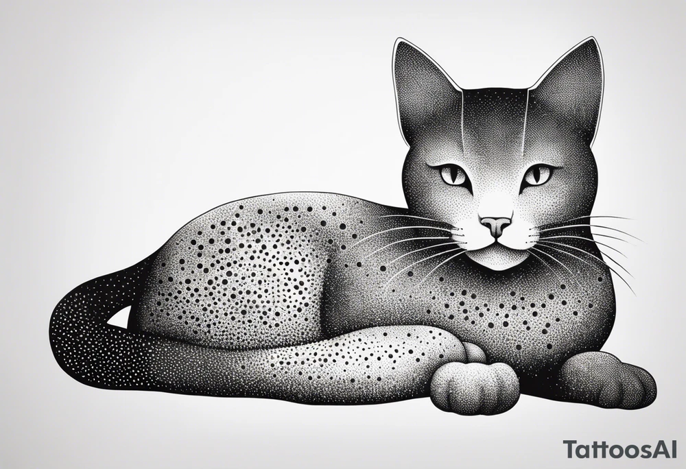 Design a simple outline tattoo of a cat stretching, embodying grace and flexibility, perfect for a subtle yet expressive design tattoo idea