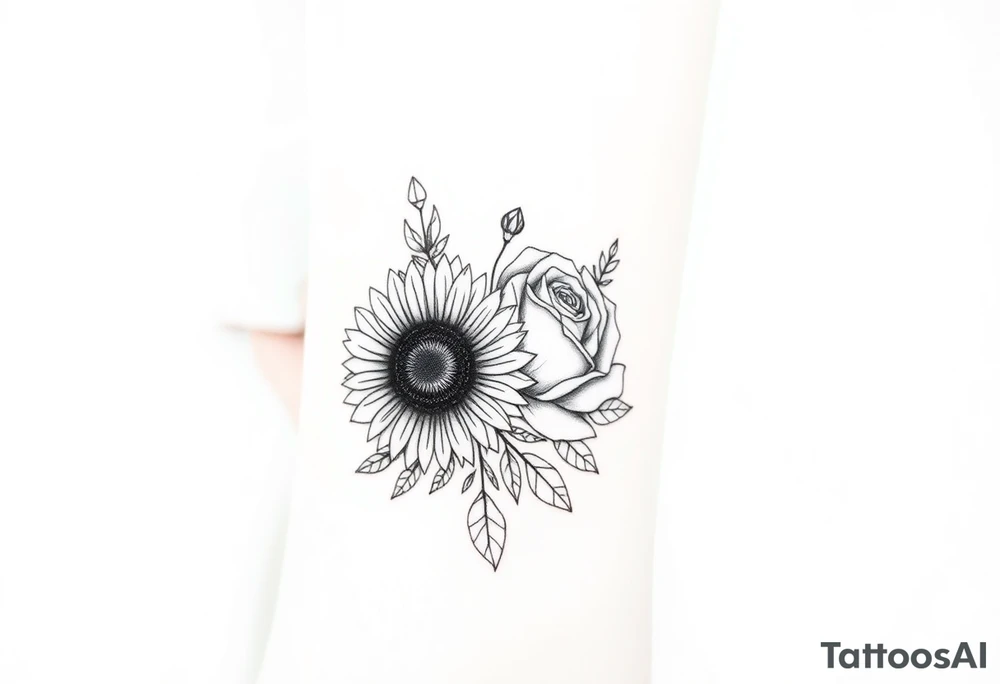 bouquet of 2 flowers, a sunflower and a rose surrounded by greenery and leaves. tattoo idea